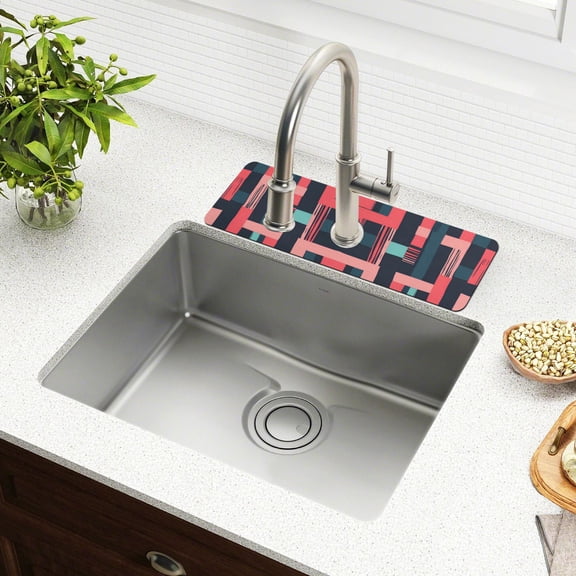 Yayeee Faucet Mat for Kitchen Sink 14.7" Diatomite Long Splash Guard Pad, Pink Geometric