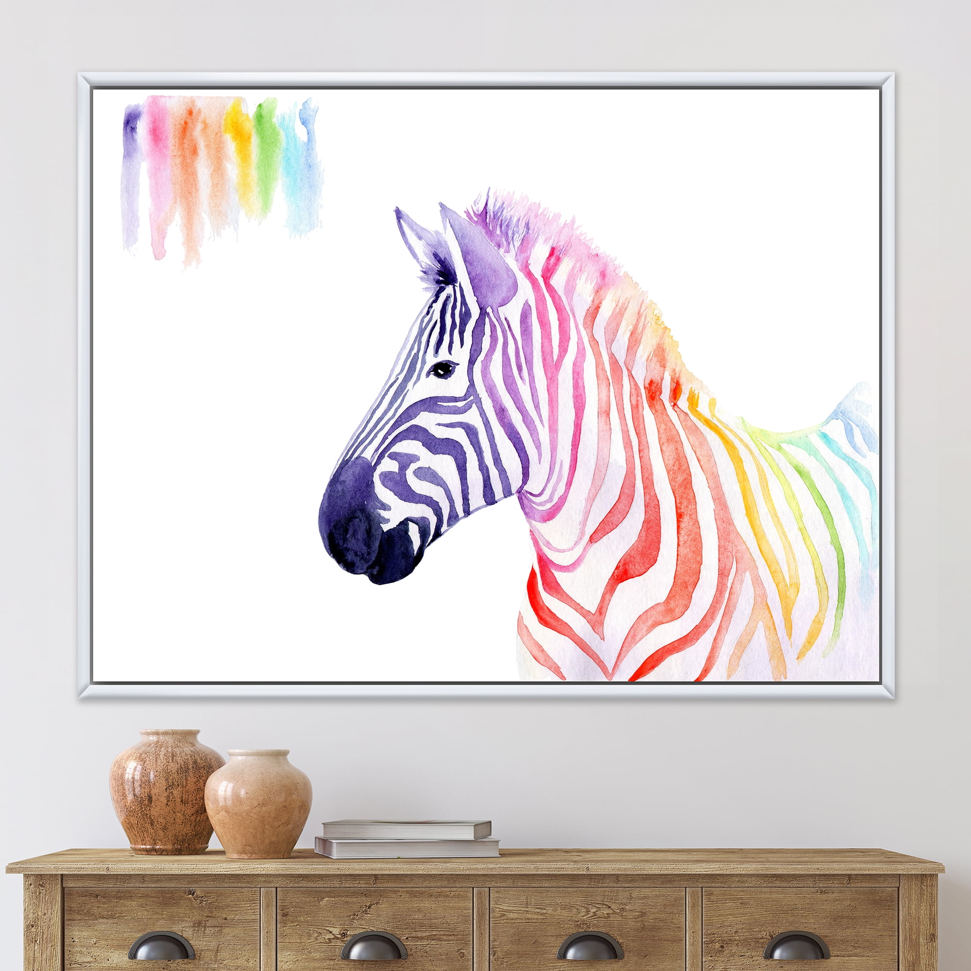 Portrait of Rainbow Zebra On White 40 in x 30 in Framed Painting Canvas Art Print, by Designart