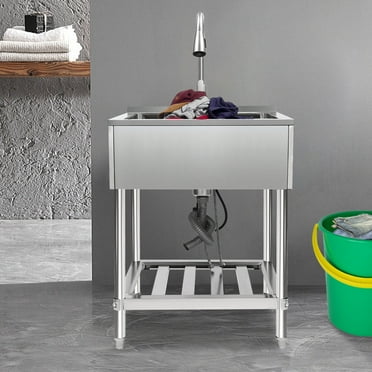 Single Bowl Laundry Sink, Commercial Sink with Pull-Out Faucet, Stainless Steel Laundry Sink with Stand