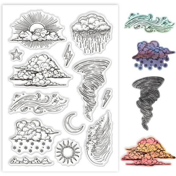 Plastic Sunny Rainy Silicone Clear Stamps Tornado Moon Transparent Stamp Seals for Card Making DIY Scrapbooking Journaling Decoration 11x16cm/4.3x6.29in