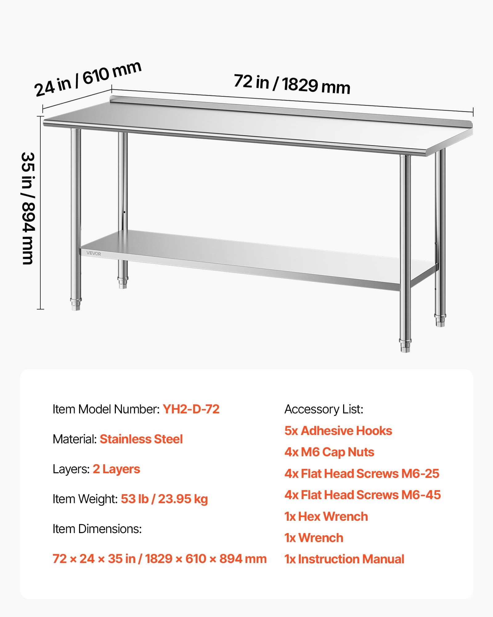 VEVOR Stainless Steel Work Table, 24x72 Inch Food Prep Table with Backsplash, Commercial Kitchen Workstation with Adjustable Undershelf, Metal Heavy Duty Utility Worktable, for Restaurant Home