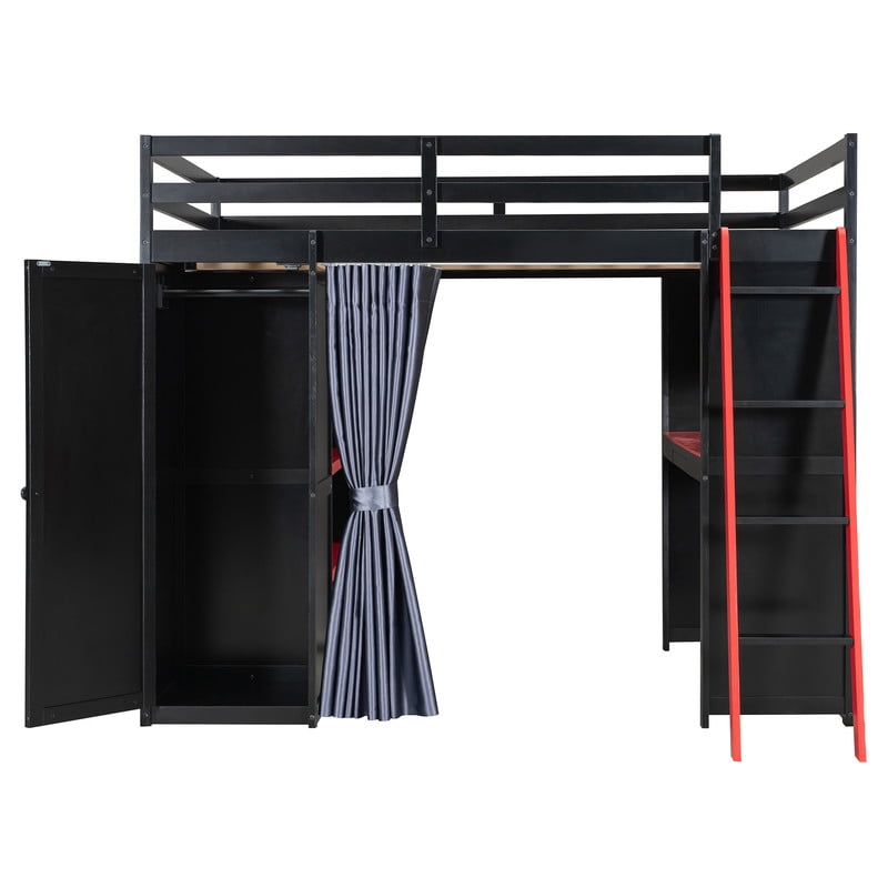 Full Size Wood Loft Bed with Wardrobe, Desk, Shelves, Blackout Curtains & RGB LED Lights, Space-Saving Gaming Loft Bed Frame with Storage Cabinet and Workstation for Teens & Adults