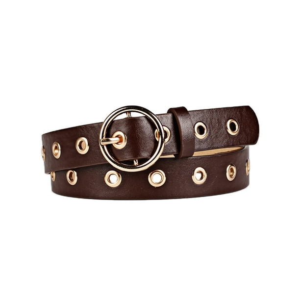 Cinturón de cuero para mujeres INSPIRE CHIC para jeans y pantalones de vestir, con remaches y ojales, hebilla de metal circular, hasta 35 pulgadas, marrón oscuro