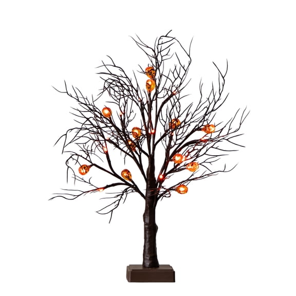 Nearly Natural Pre-Lit Halloween Pumpkin Artificial Brown Twig Tree - 22" - Orange LED Lights