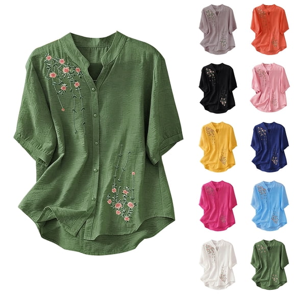 Helii Womens Tops Women's Solid Color V Neck Embroidered Casual Flowy Blouse Top T Shirts for Women