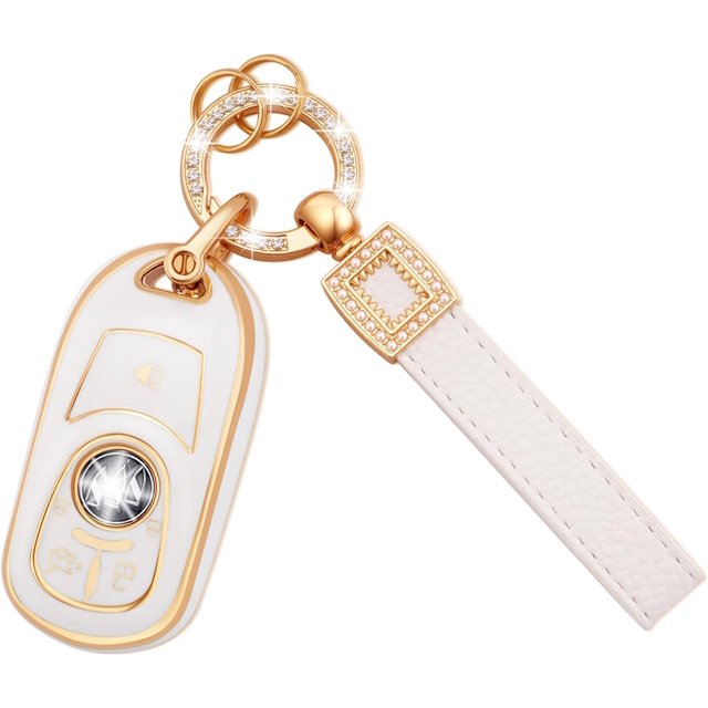 HAHDAXIA for Buick Key Fob Cover with Leather Key Fob Keychain, 4 Buttons Soft TPU Keys Case Shell with Gold Keychain Compatible with Buick Encore Envision Lacrosse Verano Regal GL8(P-Bck)