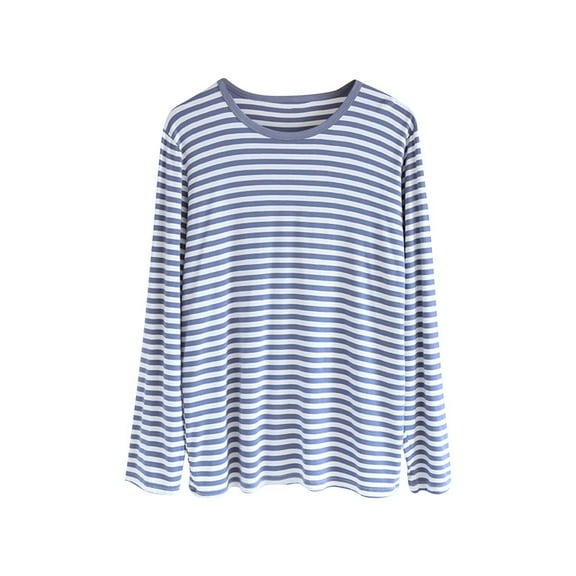 SROBPTY Mens Pajama Shirts, Men Fashion Stripe Print Casual Round Neck Long Sleeve Sleepwear Pajama Shirt Top Blue XL