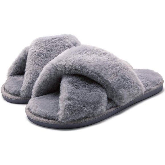 U-slide Women’s Cross Band Soft Plush Fluffy Furry Fleece House Indoor or Outdoor Ladies’ Slide Slippers, Gray, 11-12