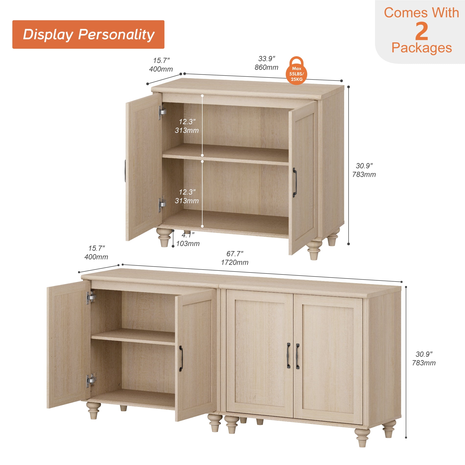 Modern Farmhouse Credenza, 68" Beige Storage Sideboard with Wood Doors