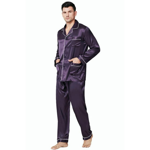 LONXU Men's Pajamas Long Sleeve Silk Satin Luxury Drawstring Nightwear ...