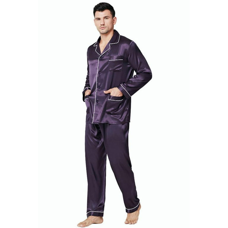 Lonxu Men's Silk Satin Pajamas Set, Long Sleeve, Drawstring, Sizes