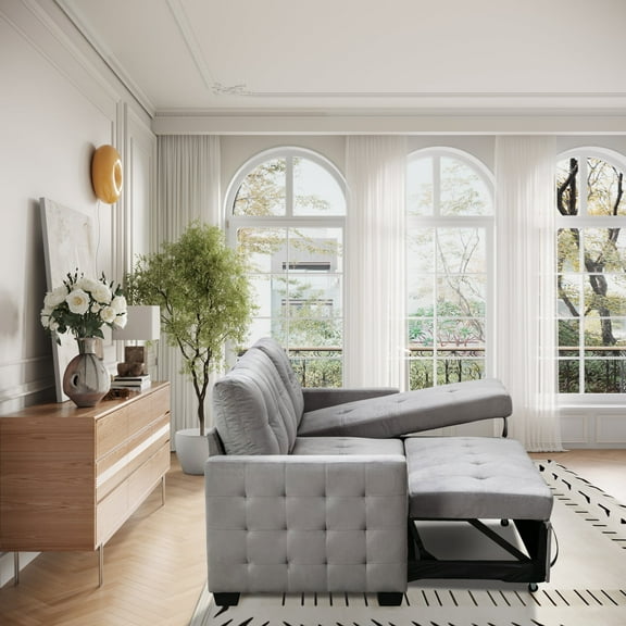 Newboti Furniture 77 Inch Reversible Sectional Storage Sleeper Sofa Bed, L-Shape 2 Seat Sectional Chaise With Storage, Skin-Feeling Velvet Fabric,Light Grey Color For Living Room Furniture 86103