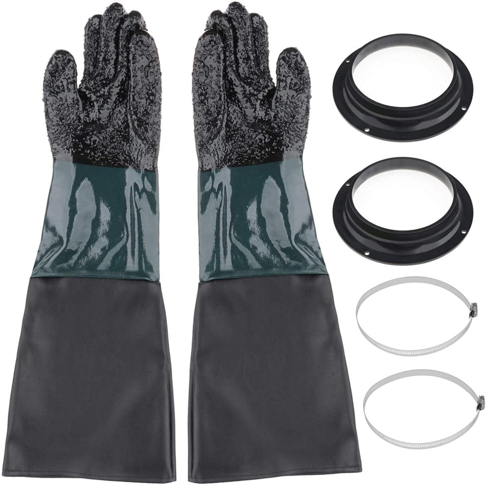 Pair Professional Industiral Gloves w Holder for Sandblasting Sand Blast Cabinet 