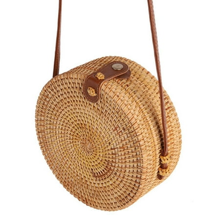 Fysho Handwoven Round Rattan Bag Shoulder Leather Straps Natural Chic Handbag straw rattan crossbody