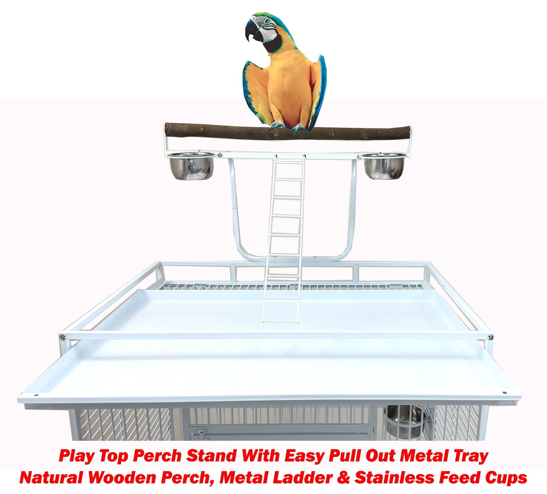 Extra Large 32" x 23" x 69"H Elegant Sturdy Wrought Iron Double Ladders Play Perch Stand Top Bird Parrot Rolling Cage Stainless Feed Cups Natural Wooden Stand Perch Seed Guard Lockable Wheels