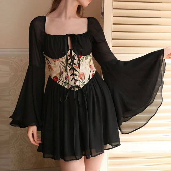 AOOCHASLIY Full Dress in Evening Fashion Women Casual Patchwork-Neck High Waist Long Sleeve Mid Calf Dress