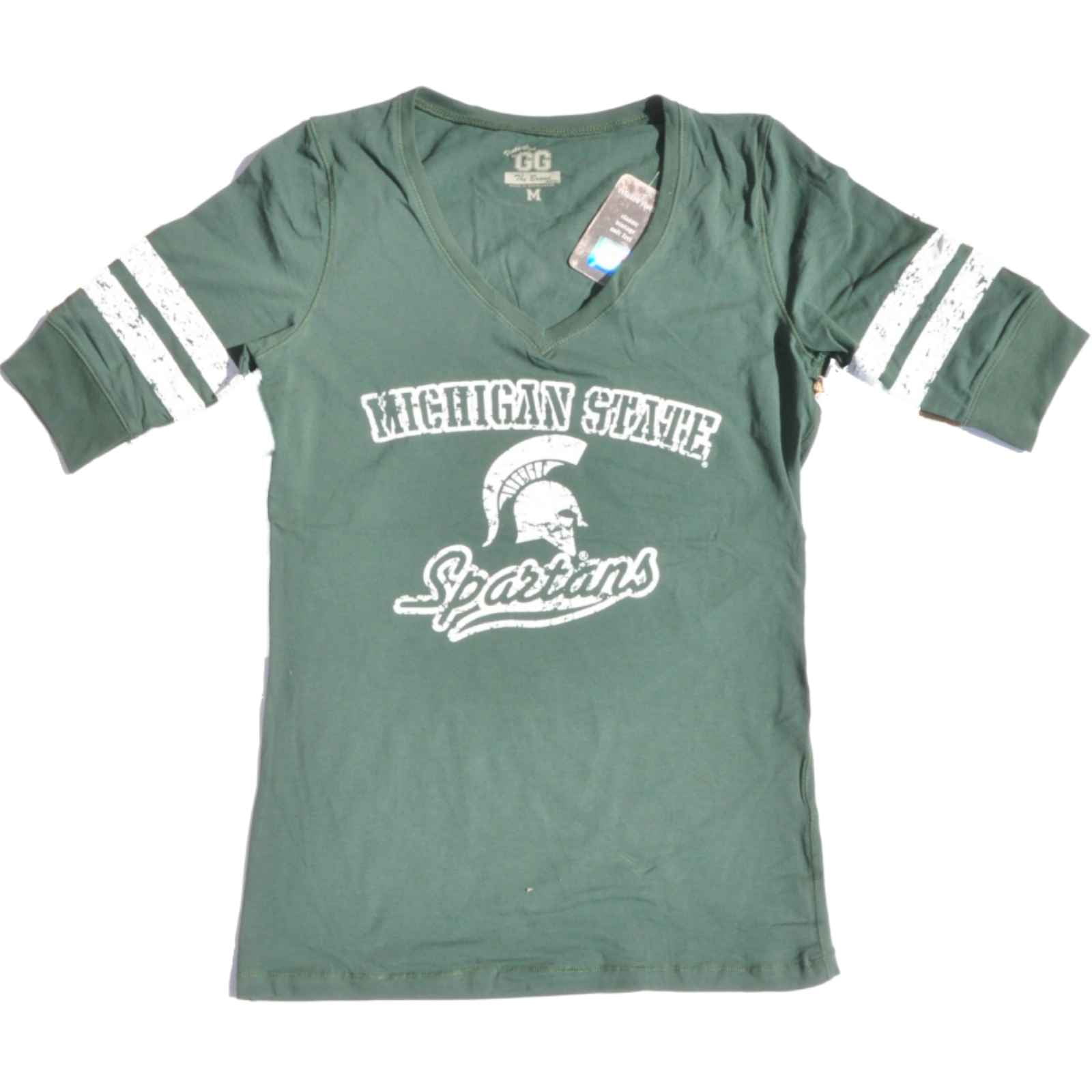 Michigan State Spartans Glitter Gear Women Green 1 2 Sleeve Long V-Neck T-Shirt by