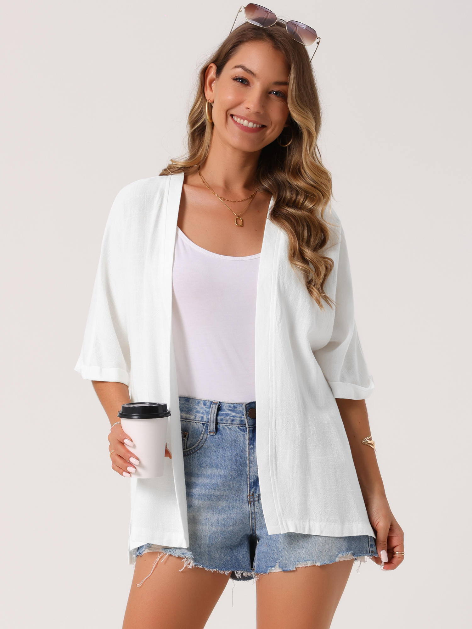 DARING DIVA Kimono Cardigan Open Front Loose Fit Linen Lightweight Shrug M White