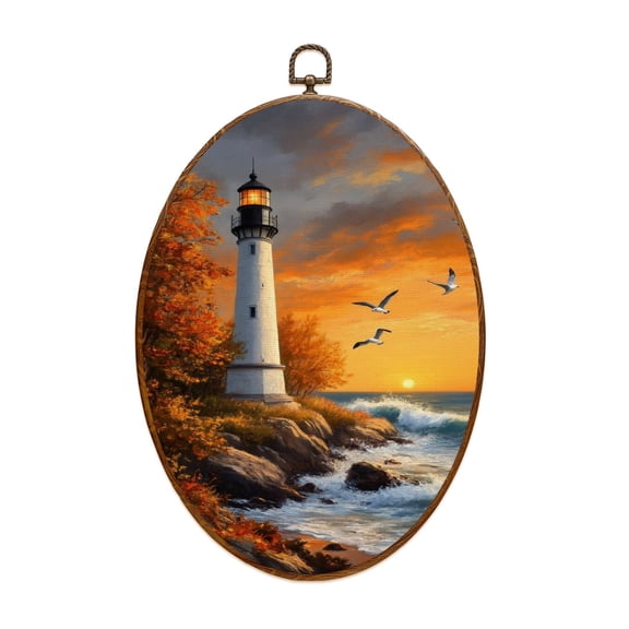 Canvas Wall Art Lighthouse Coastal Nautical Ocean Seagull Autumn Trees Seagulls Sunset Oval Framed Canvas Prints Vintage Wall Hanging Decor for Bedroom Home Gallery Bathroom 8.6"x11.4"