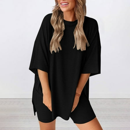Women s Shorts Suit Women S Two Piece Set 2025 Summer Casual Oversized Shirts Biker Shorts Matching Travel Outfit Black Women s Shorts Suit 3XL