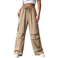 thumbnail image 2 of Cagogo Women Wide Leg Cargo Pants with Pockets Casual Loose Drawstring Long Trousers Summer Workout Lounge Beach Travel Utility Bottoms, Khaki S, 2 of 8