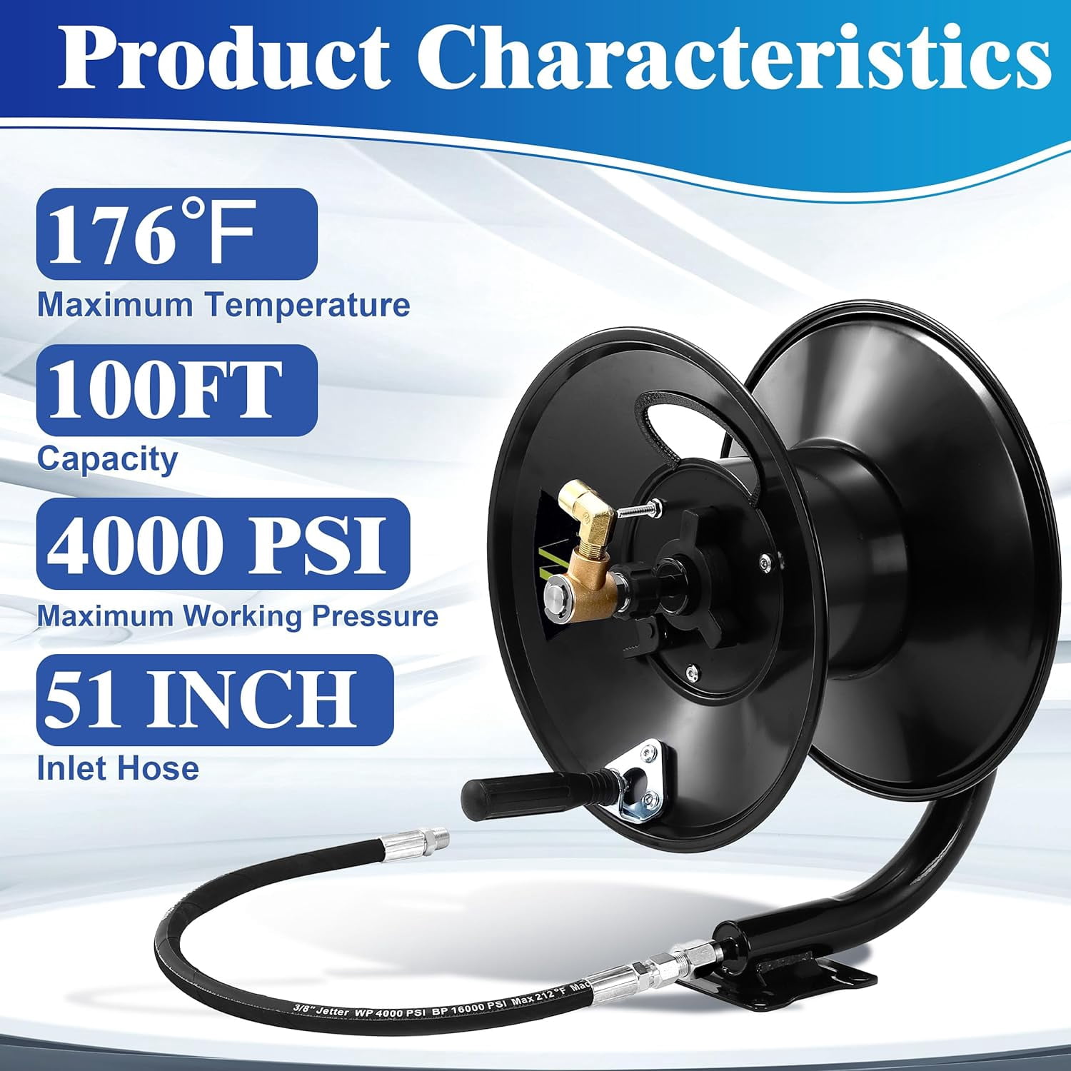 M MINGLE Pressure Washer Hose Reel 100ft, Heavy Duty Steel Hose Reel, Manual Crank Power Washer Hose Reel with Swivel Arm, 3/8" NPT Outlet Pipe, 4000 PSI