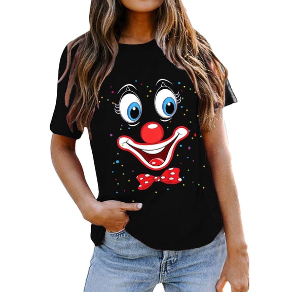 XUELUO Womens T-Shirts Short Sleeve Round Neck Clown Graphic Pattern Tshirts Carnival Party Summer Funny Loose Lady Tops