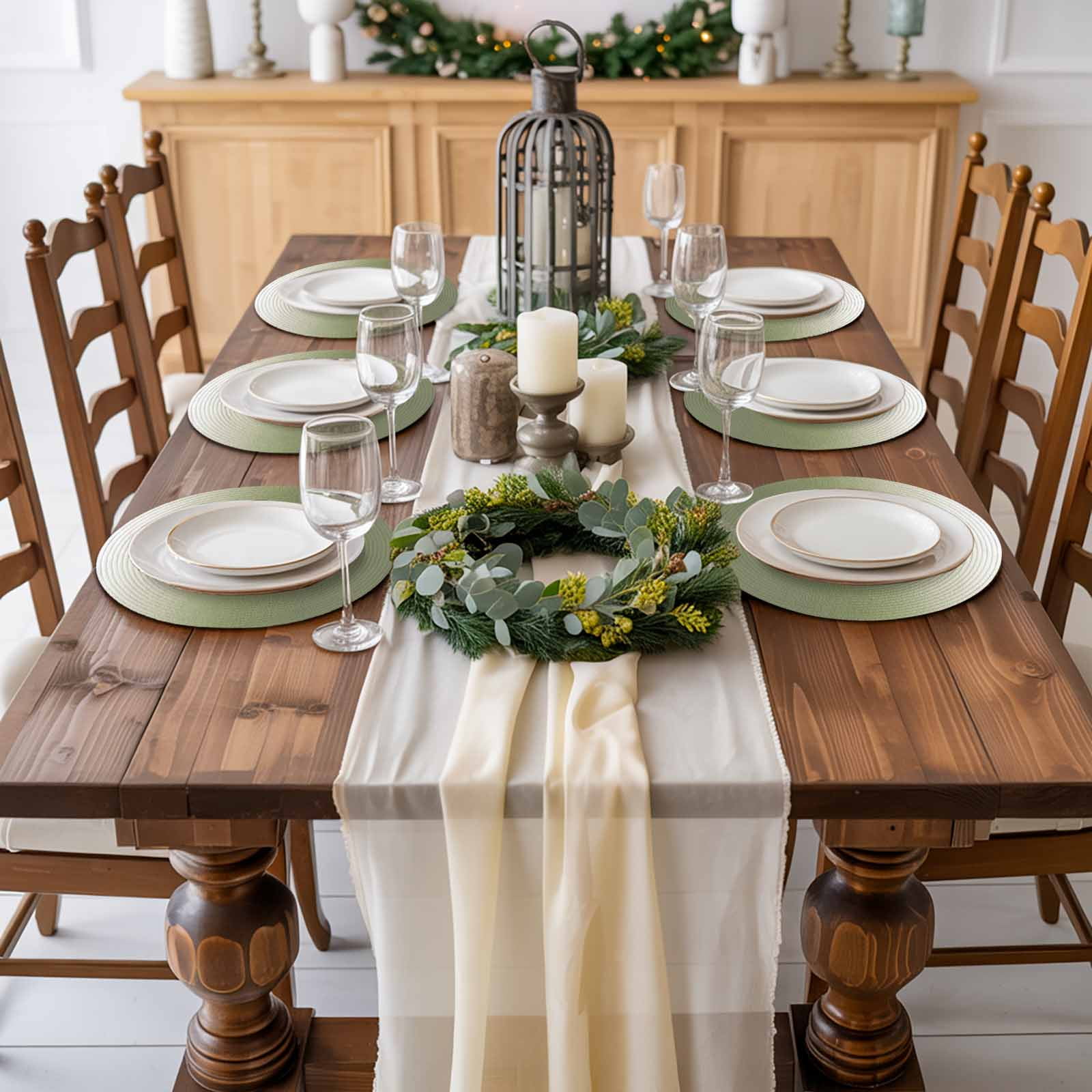 Sage Green Ombre Round Placemats Set of 6 for Dinning Tables,Heat-proof Braided Table Mats 13 Inch,Farmhouse Sage Green Ombre Washable Place Mat for Kitchen Restaurant Party Decor Table Setting
