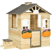 Outsunny Wooden Playhouse for Kids Outdoor Garden Pretend Play Games, Adventures Cottage, with Working Door, Windows, Bench, Service Station, Flowers Pot Holder, for 3-7 Years Old