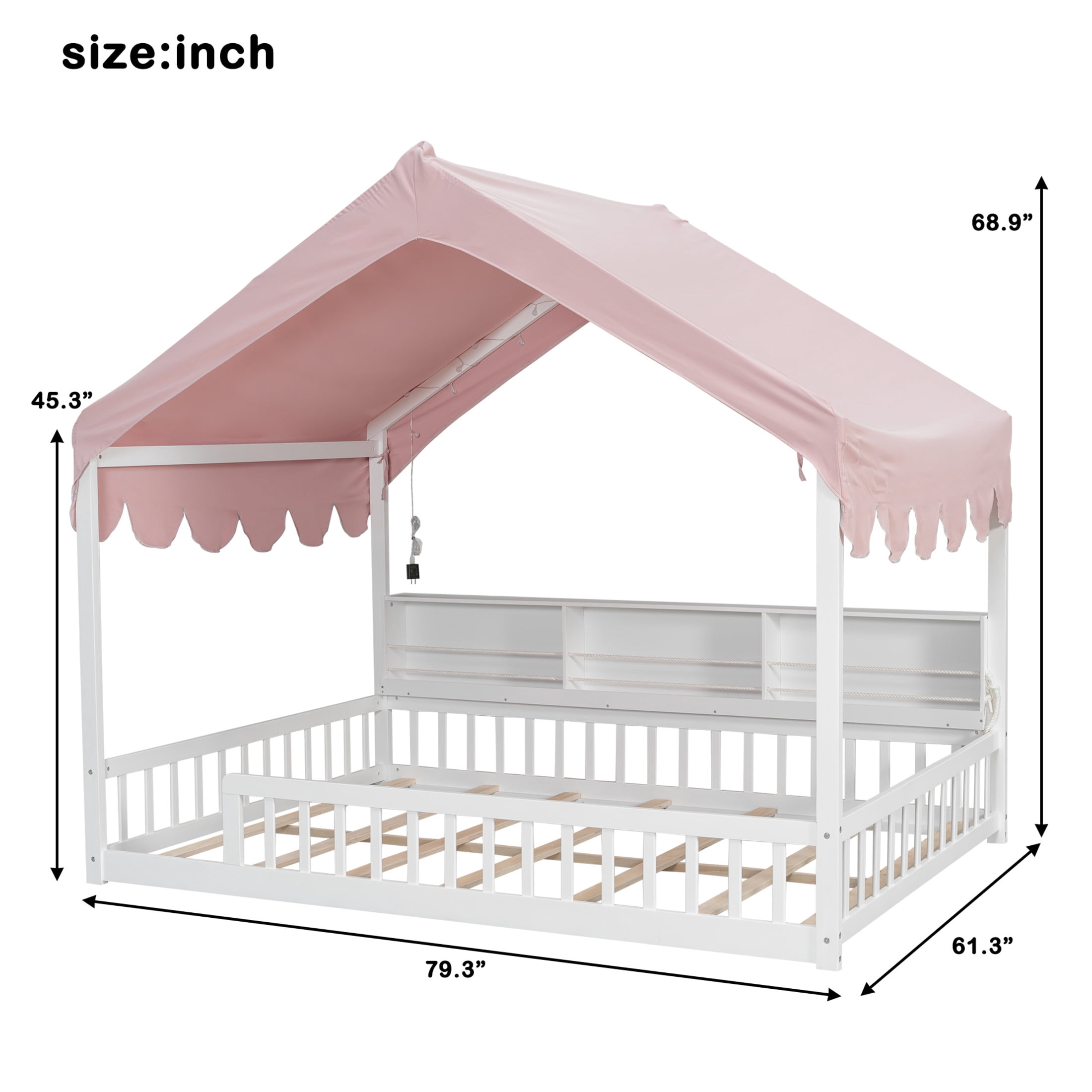 Noble House Larissa Full Size House Bed with Fence and LED Lights, Wooden Floor Bed, Heavy Duty, White and Pink