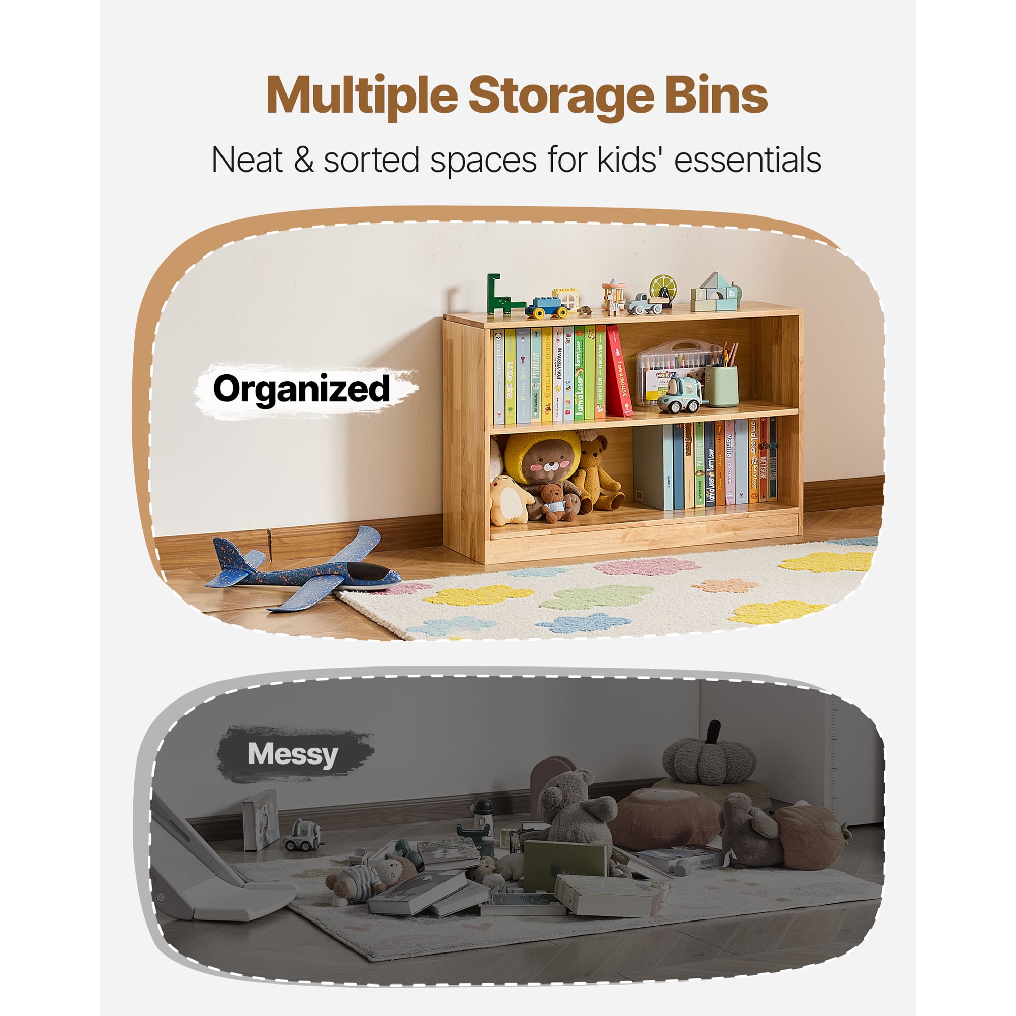 KFFKFF Montessori Bookshelf, 35.4-inch Wide Toy Organizer, 2-Tier Children's Display Cabinet, Daycare Furniture, Kids Storage Shelf for Bedroom, Nursery, Living Room, Entryway, Preschool, Brown