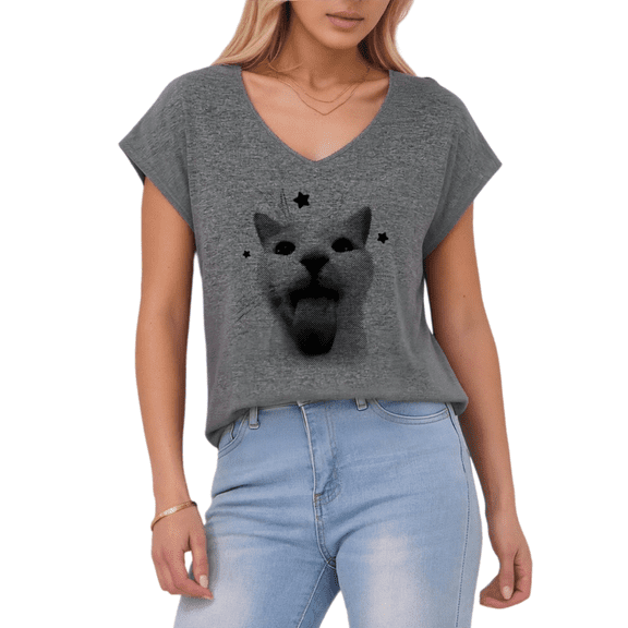 Giffimy Women's Funny Tongue Cat Meme Print Dark Gray S-5XL V-Neck Sleeveless T-Shirt Cat Lover Tank Top