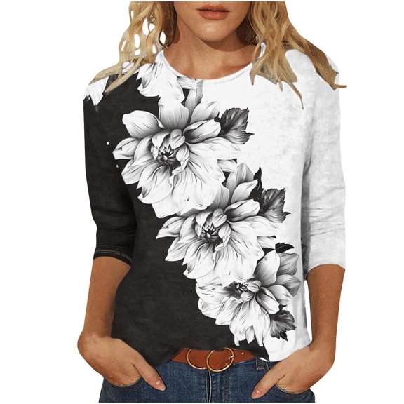 DeHolifer Womens Tops 3/4 Sleeve Crewneck Casual Printed Comfy Lightweight Summer Tee Tops Multicolor XL