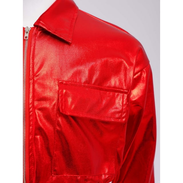 YUUMIN Veste Métallique Décontractée à Sequins pour Filles et Garçons, Veste à Col Rabattu avec Fermeture Éclair, Rouge 16