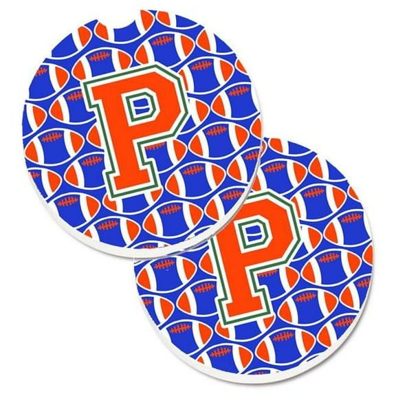 Letter P Football Green with Blue & Orange Set of 2 Cup Holder Car Coaster