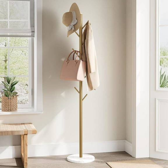 Coat Rack Freestanding with Natural Marble Base, Metal Coat Rack Stand with 10 Hooks, 3 Adjustable Size Coat Tree for Bags, Clothes, and Hats for Entryway, Bedroom, Hallway, Office, Gold