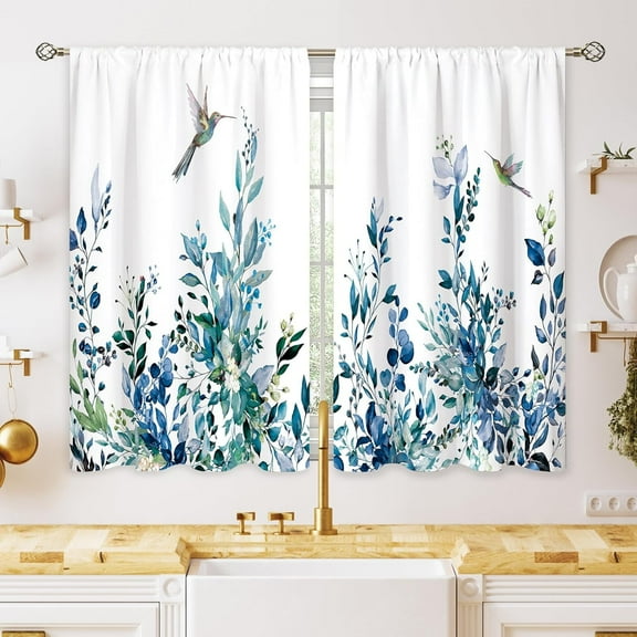 Blue Eucalyptus Botanical Leaves Floral Kitchen Window Curtains Flower Leaf Small Hummingbird Window Treatment Cafe Short Curtains for Bathroom Treatment Tier Drapes 27.5x39inch