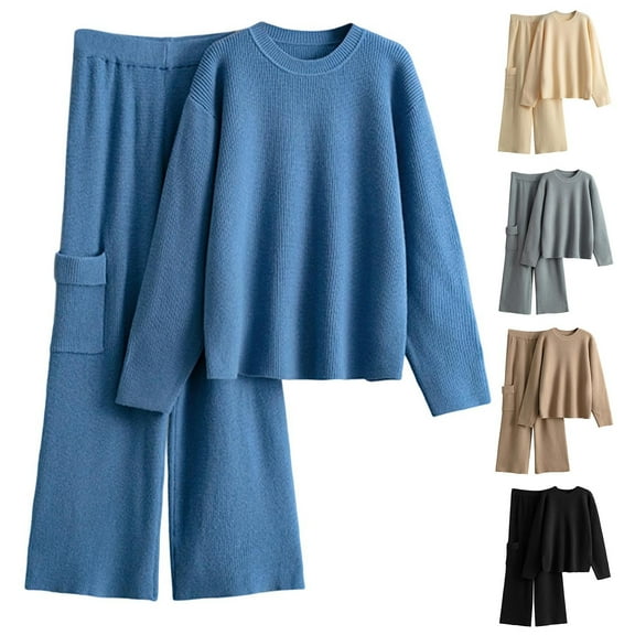 YOIAVAIOY Womens 2 Piece Outfits Soft Knitted Lounge Sets Crewneck Pullover and Cargo Wide Leg Pants Casual Solid Matching Sets Black Free Size
