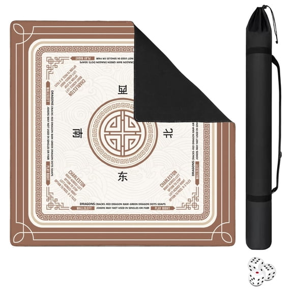 Brown Mahjong Mat with Rules, 31.5*31.5in Anti Slip American Mahjong Mat for Table, Noise Reduction, Neoprene Mah jongg Mats with Carrying Bag & 3 Dices, Mahjong Supplies Gift, Board Tile Games Mats