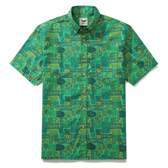 YIUME Hawaiian Shirts For Men Tiki Vintage Shirt Green Totem 100% Cotton