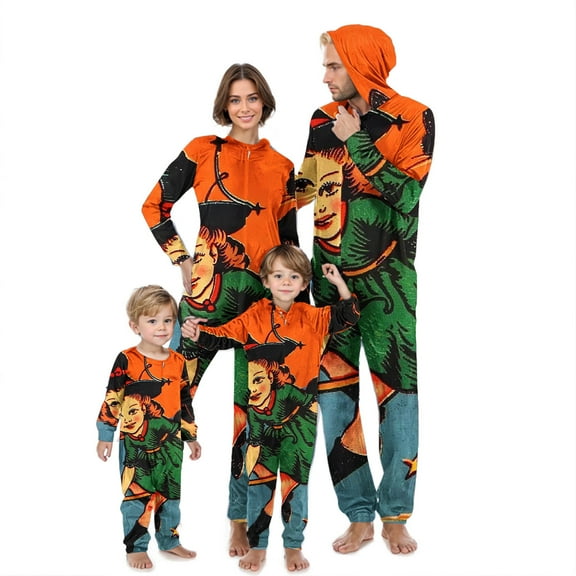 AGWOLF Family Matching Halloween Pajamas Adult Onesie Comfy Long Sleeve Zipper Jammies Novelty Print Hooded Sleepwear Holiday Pajamas Matching Sets Mom L