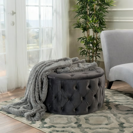 GDF Studio Maelyn Round Velvet Ottoman, Grey