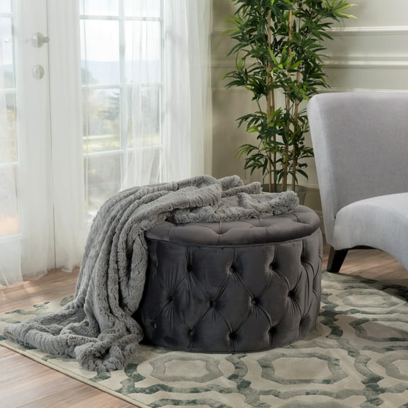 GDF Studio Maelyn Round Velvet Ottoman, Grey