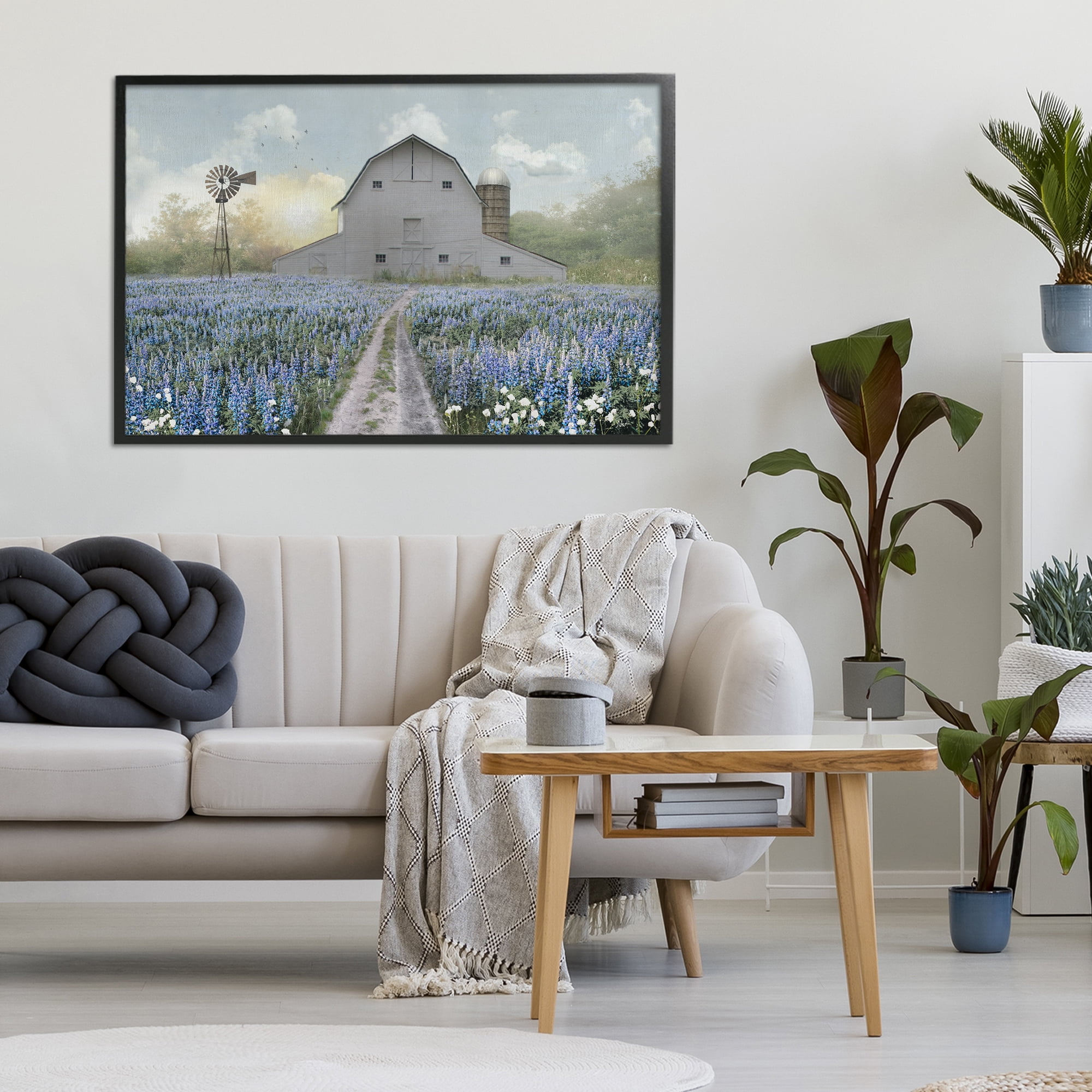 Stupell Industries Meadow of Blue Flowers & Barn Black Framed Giclee Art, design by Nan