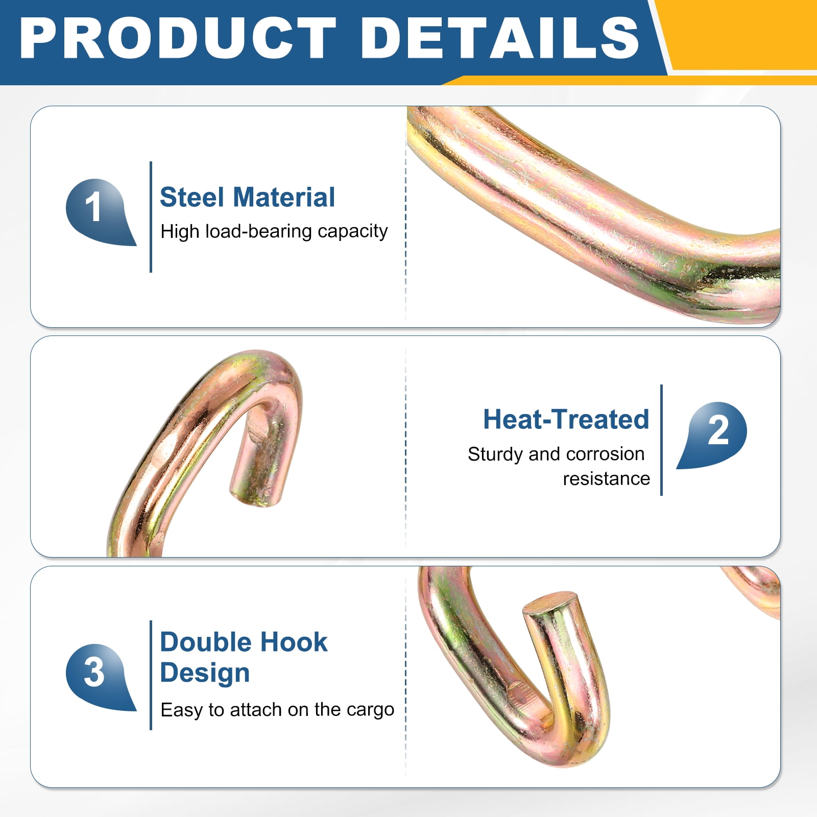 Uxcell 8Pcs Double J Hook, 11.3mm Dia 11023 lbs Ratchet Strap Tie Down Hook for 2" Tie Down Straps Wedding, Cars Trucks Trailers, Double Row Hooks Binder Accessories