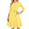 thumbnail image 2 of Delconic Women’s A-Line Midi Dress with 3/4 Sleeves and Waist Tie Elegant Crew Neck Fit Flared Skirt Design for Daily Wear Yellow S, 2 of 5