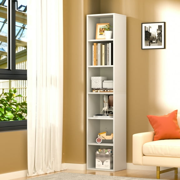 Bapipro Tall Narrow Bookshelf, 6-Tier Cube Display Rack, Modern Corner Bookshelf with Storage Space, Storage Cabinet for Home Office (White 1 Pack)