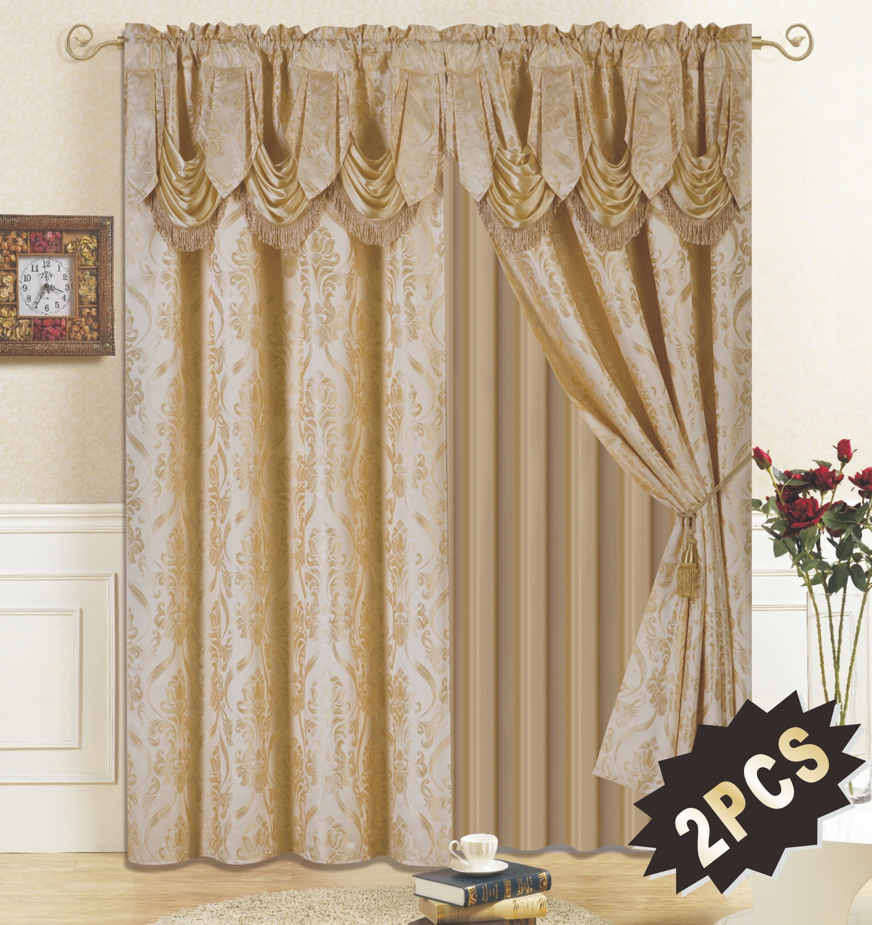 All American Collection New 4 Piece Drape Set with Attached Valance and Sheer with 2 Tie Backs Included 96 Length, Royal Blue 