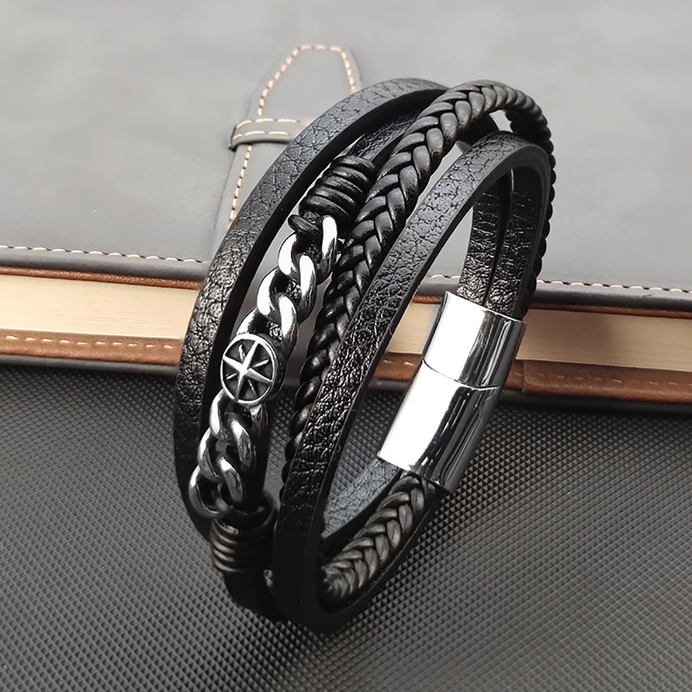 YIFSIY Black Mutil-layer Braided Leather Bracelet with Six Pointed Star Stainless Steel Cuff Bracelet for Men Women