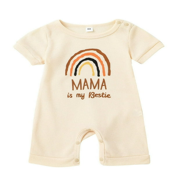 Baby Romper Letter Rainbow Print Crew Neck Short Sleeves Breathable with Bottom Snaps Jumpsuit